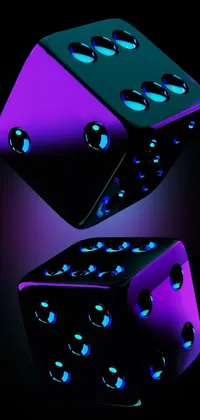 This phone live wallpaper features a 3D rendering of dice on a table, inspired by digital art and ultraviolet photography