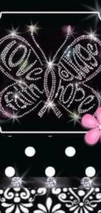 This live wallpaper for your phone features a stylish black background adorned with white polka dots and a beautiful pink flower