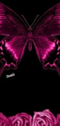 This phone live wallpaper showcases a beautiful purple butterfly sitting atop a pink rose