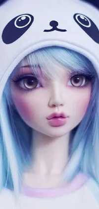 This phone live wallpaper features a charming doll with blue hair wearing a panda hat, designed with a Tumblr-inspired aesthetic that provides beautiful avatar pictures
