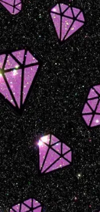 This phone live wallpaper features a collection of dazzling purple diamonds on a chic black background