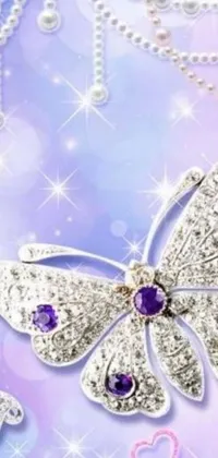 This stunning phone live wallpaper features a close up of a beautiful butterfly resting on a vibrant purple background adorned with sparkling gems
