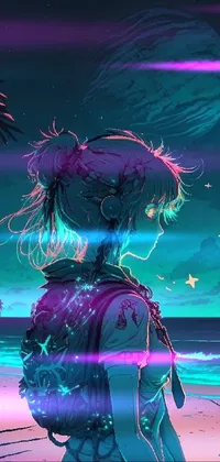This phone live wallpaper features a serene beach scene with palm trees and a cyberpunk art style