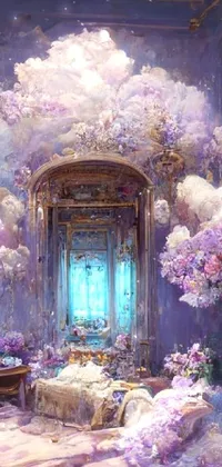 This beautiful phone live wallpaper depicts a lavishly decorated room filled with elegant purple flowers, inspired by Rococo style