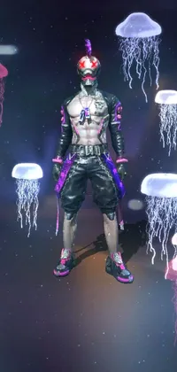 This Cyberpunk Live Wallpaper boasts a striking neon color scheme and is adorned with a single character full body wearing a costume