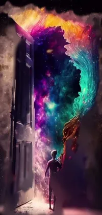 This live phone wallpaper depicts a captivating open doorway in outer space