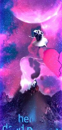 This live phone wallpaper features two red hearts on a mountain in a dream-like scene with pastel colors and Hello Kitty