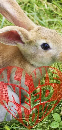 This phone live wallpaper features an adorable rabbit resting on green grass with a touch of net art for a contemporary feel