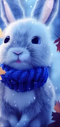 Looking for a charming live wallpaper for your phone? Check out this close-up, adorable rabbit wearing a scarf, against a backdrop showing the four seasons