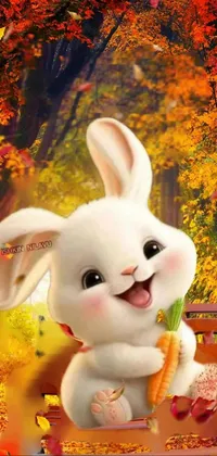 This phone live wallpaper presents a delightful depiction of a white rabbit sitting on a wooden bench