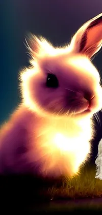 This live phone wallpaper depicts a furry rabbit sitting in green grass