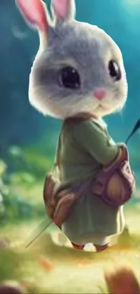 This phone live wallpaper depicts a cute rabbit standing on green grass in a magical forest