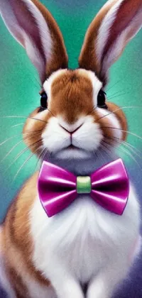 This phone live wallpaper features a brown and white rabbit wearing a purple bowtie