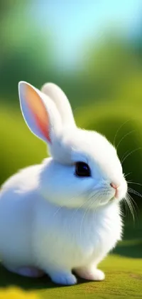 This fun live phone wallpaper features a cute white rabbit sitting on a green field under a blue sky