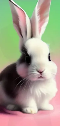 This digital live wallpaper showcases a charming painting of a brown and white rabbit set against a pink background adorned with white and green floral patterns