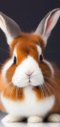 This gorgeous live wallpaper features an adorable brown and white rabbit sitting on a table in front of a beautiful picture