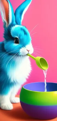 This phone live wallpaper features a cute rabbit eating from a bowl against a blue juicy background