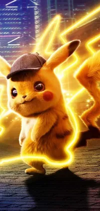 This stunning live wallpaper showcases Pikachu, the beloved Pokemon character, running through a city at night, appearing incredibly life-like and breathtakingly three-dimensional