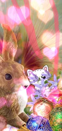 This live wallpaper for your phone features an adorable bunny in a basket, surrounded by vibrant flowers and art nouveau designs
