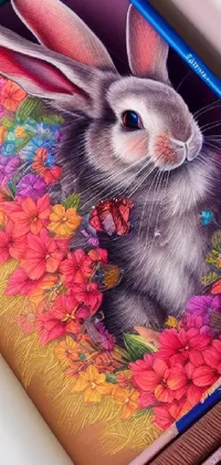This live phone wallpaper features a breathtaking ultrafine painting of a rabbit in a bed of flowers