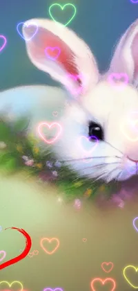 This phone live wallpaper showcases a beautiful digital painting of a white rabbit nestled inside an egg