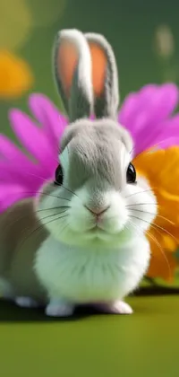 This phone live wallpaper features a cute digital rendering of a rabbit sitting in front of a colorful bunch of flowers