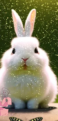 This live wallpaper features a cute, white rabbit sitting on a table beside an apple