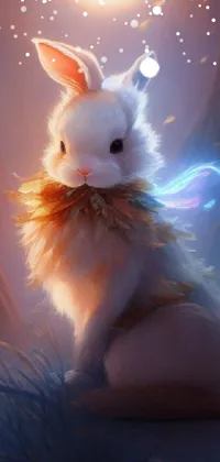 This delightful live wallpaper showcases a fluffy white bunny sitting atop a lush green field