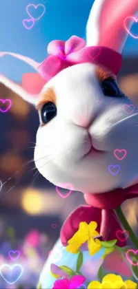 This phone live wallpaper showcases a close-up of a cute rabbit in a field of vibrant, colorful flowers