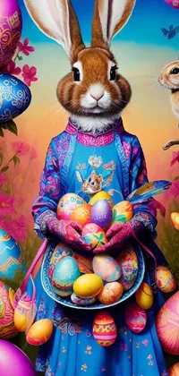 This live phone wallpaper depicts a cheerful bunny holding a basket of colorful Easter eggs, set against a backdrop of blooming spring flowers