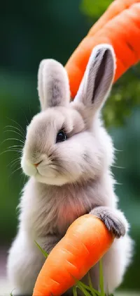 This live phone wallpaper features a close-up shot of an adorable rabbit sitting beside a bunch of freshly picked carrots