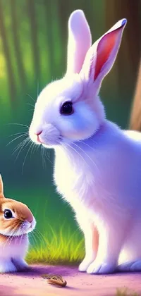 This charming phone live wallpaper showcases a digital painting of two adorable rabbits sitting close together