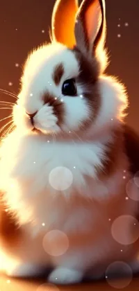 This stunning phone live wallpaper depicts an adorable brown and white rabbit sitting on a table