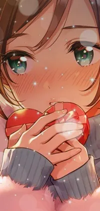 This phone live wallpaper features a close-up of a hand holding a vibrant red apple, set against a romantic and intricate background inspired by the art movement of romanticism