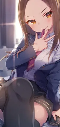 Looking for a beautiful live wallpaper for your phone? Check out this anime-inspired design featuring a girl in a jk uniform with long brown hair and a mischievous expression