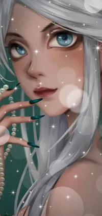 This live wallpaper depicts a captivating white-haired woman with blue eyes, in a stunning digital painting