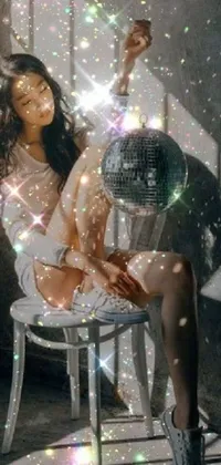 Looking for a live phone wallpaper that's truly dazzling? Look no further than this stunning design, featuring a disco ball clutched by a chic woman seated in a modern chair