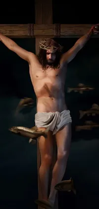 This phone live wallpaper features a man standing on a wooden cross against a dark background