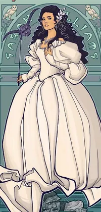 This phone live wallpaper showcases a beautiful illustration of a woman donning a wedding dress