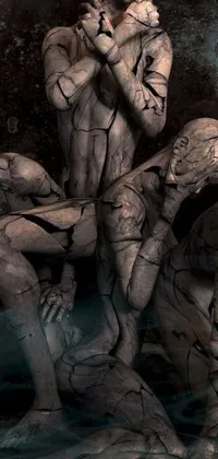 This live phone wallpaper features a group of muscular and nude figures standing together, made to resemble cracked clay