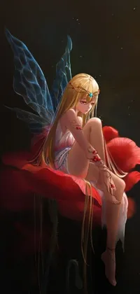 This live wallpaper showcases a stunning piece of fantasy art featuring a detailed and soft close-up of a fairy seated atop a bright red poppy flower