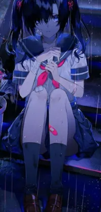 This anime live wallpaper showcases a girl sitting on rain-soaked stairs, with intricate, blue scales adorning her chest