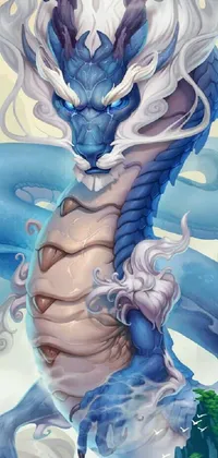 This live phone wallpaper showcases a captivating blue and white dragon, with a unique snake-human hybrid design