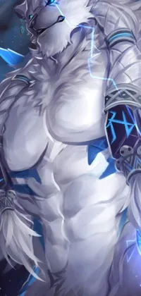 Get ready to witness a super-cool phone live wallpaper showcasing a muscular werewolf wearing a ravishing white and blue outfit