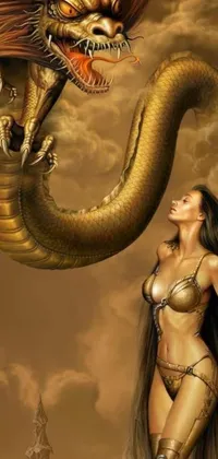 This live wallpaper depicts a proud and regal woman standing alongside a powerful dragon, adorned with golden snakes