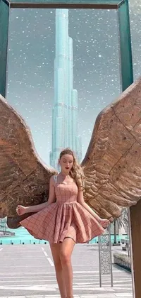 This phone live wallpaper features a stunning scene with a woman standing in front of a grand statue of an angel