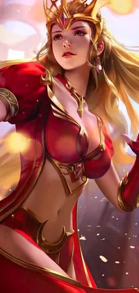 This phone live wallpaper showcases a fearless blonde heroine in a striking red and yellow hero suit, complete with a regal crown