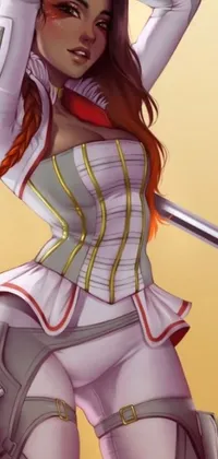 This mobile live wallpaper features a bold female warrior brandishing a sword, dressed in a white and orange breastplate with intricate texture details