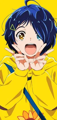 Bring a pop of color to your phone with this funky and energetic live wallpaper! Featuring an anime character in blue and yellow clothes, conveys a dynamic pose and fierce expression as they bite their lip