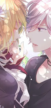 This anime live wallpaper features two charming characters with messy blond hair in a romantic setting, surrounded by beautiful flowers